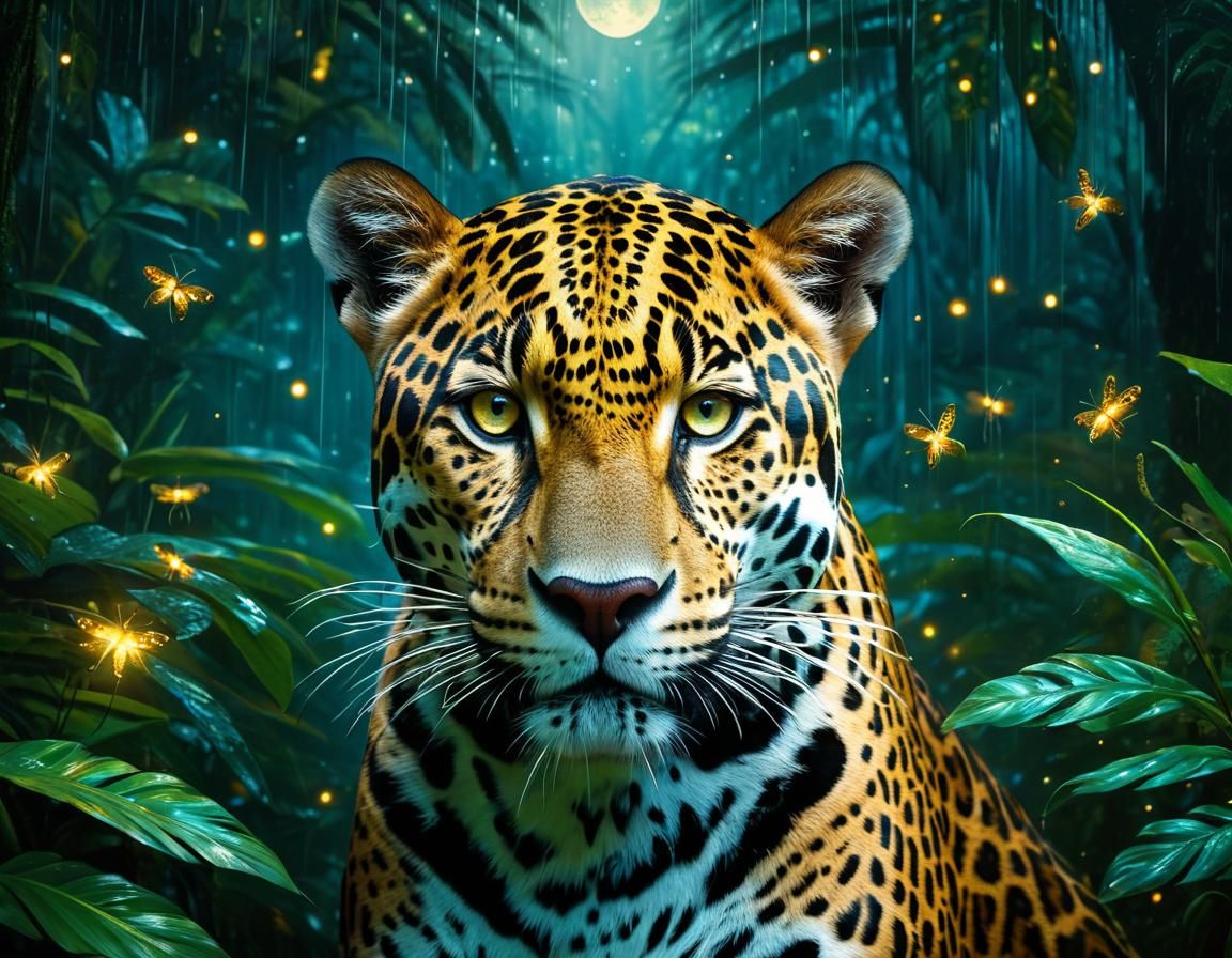 Jaguar in Rainforest Portrait with Bioluminescent Accents