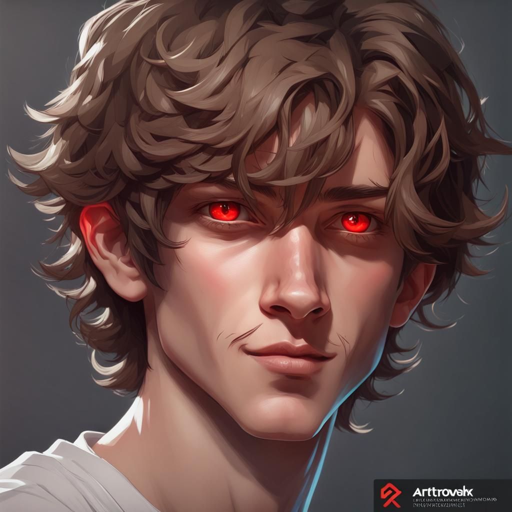 Detailed Portrait of Smiling Teen with Red Eyes