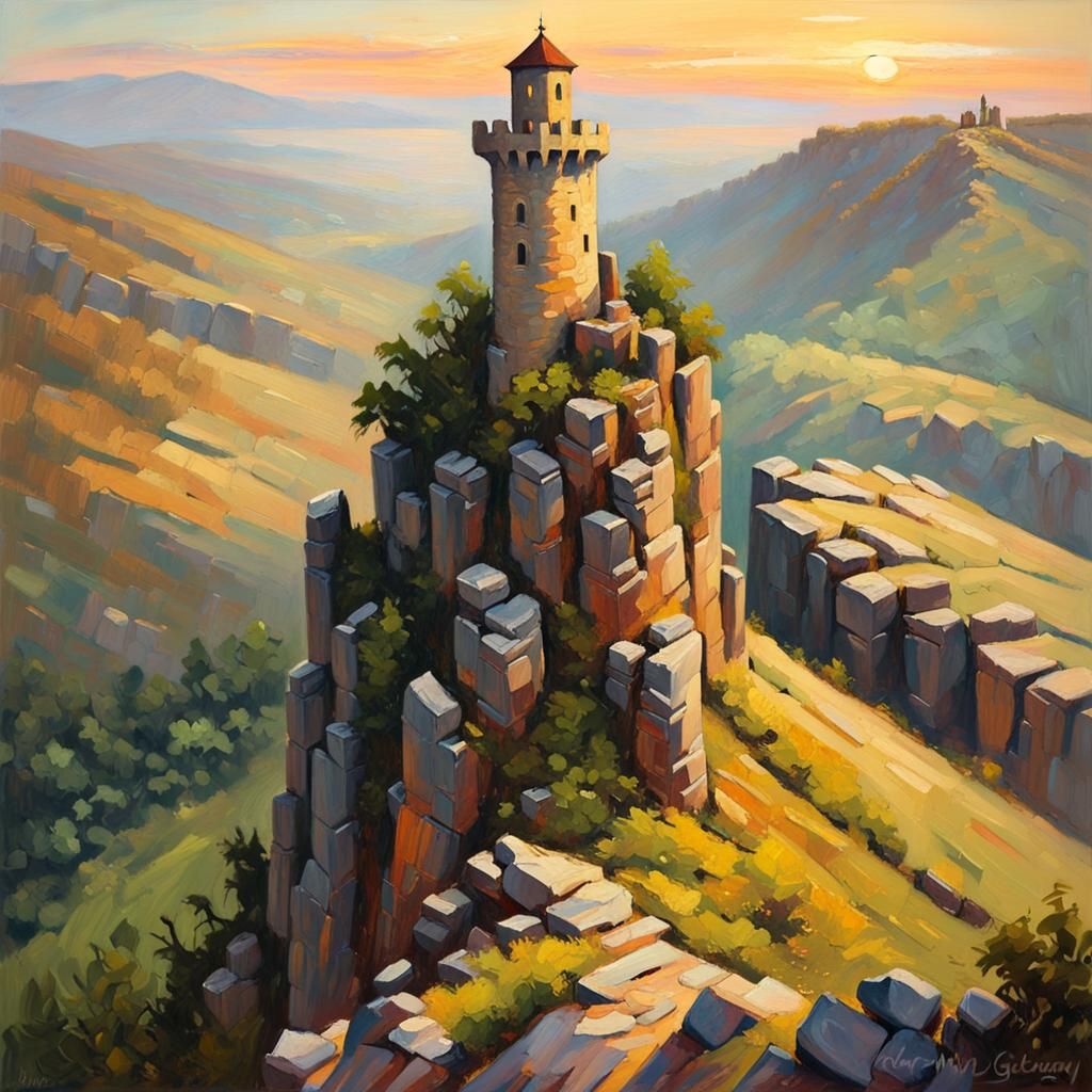 Mage Tower at Sunset: An Impressionist Oil Painting
