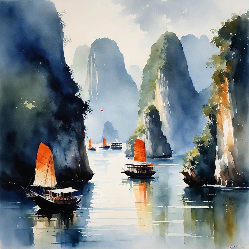 Halong bay watercolor painting