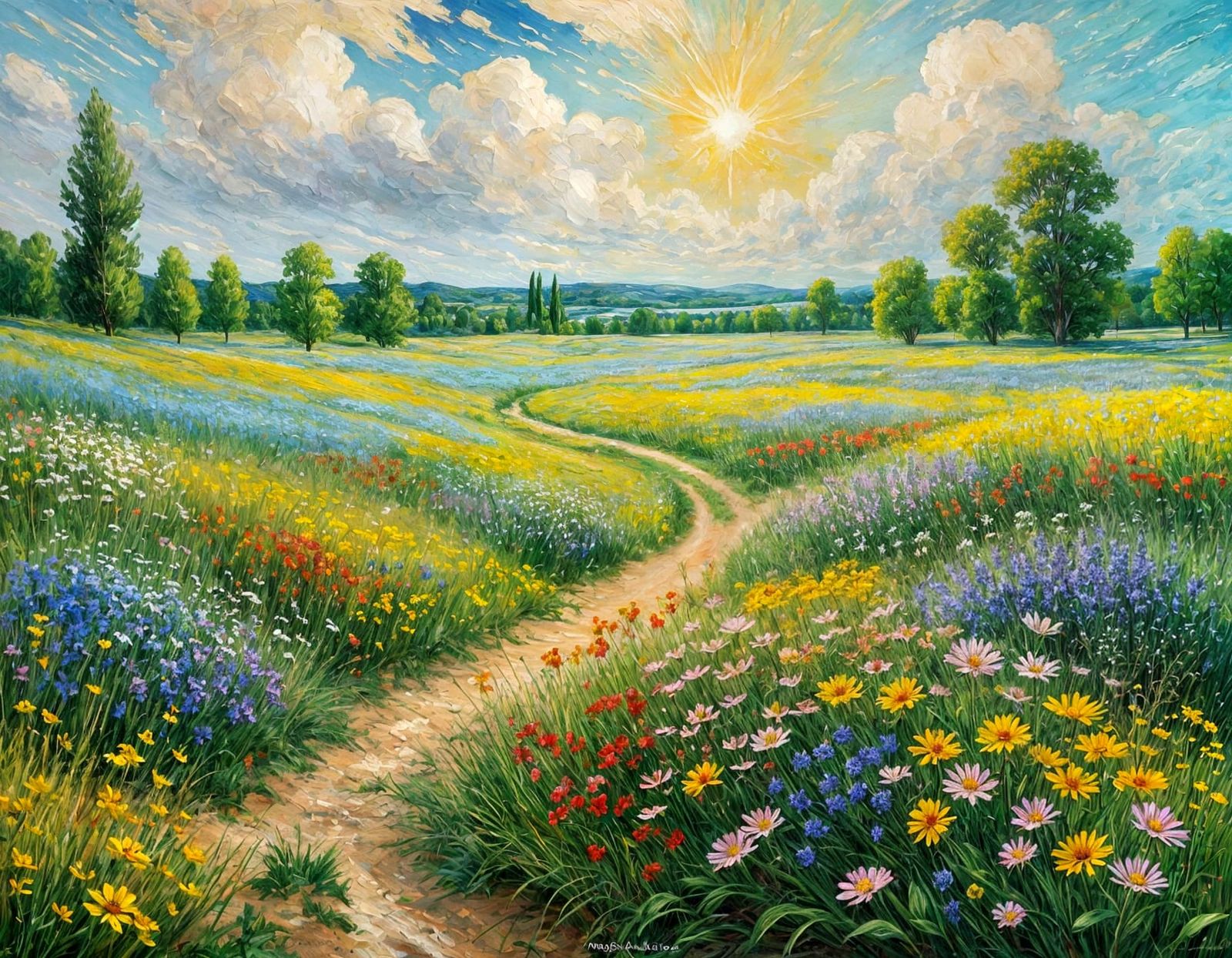 Wildflower Field in Post-Impressionist Oil Painting Style