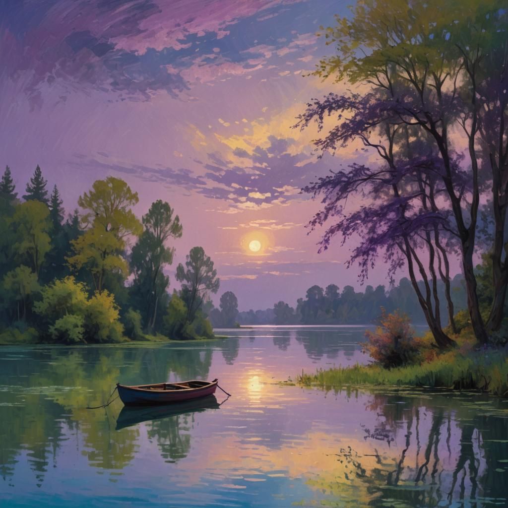 Serene Lake: Impressionist Painting in Purple Light
