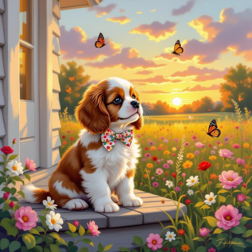 Cavalier Puppy Enjoying Sunset on Quaint Cottage Porch
