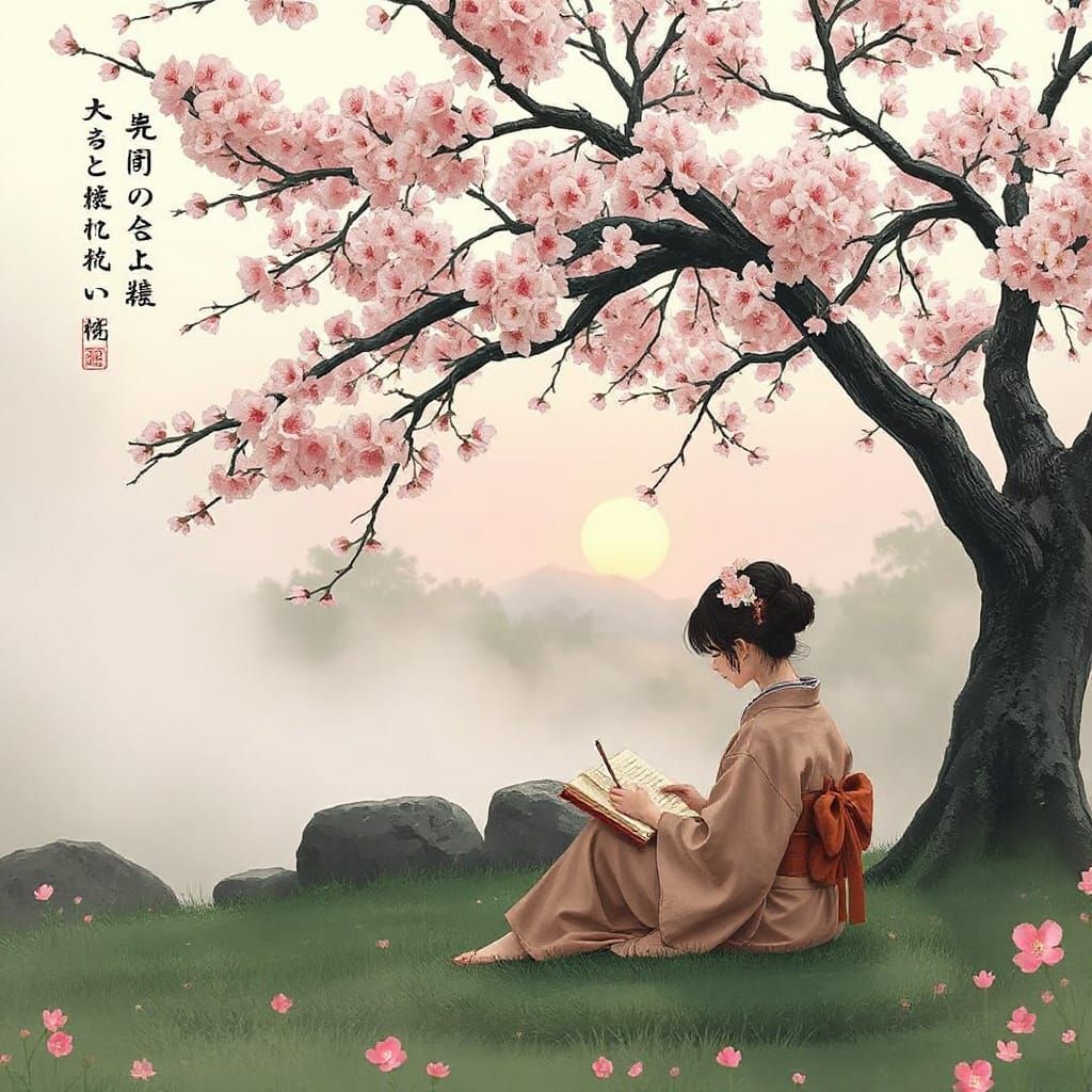 Japanese Garden at Dawn in Whimsical Watercolor Style