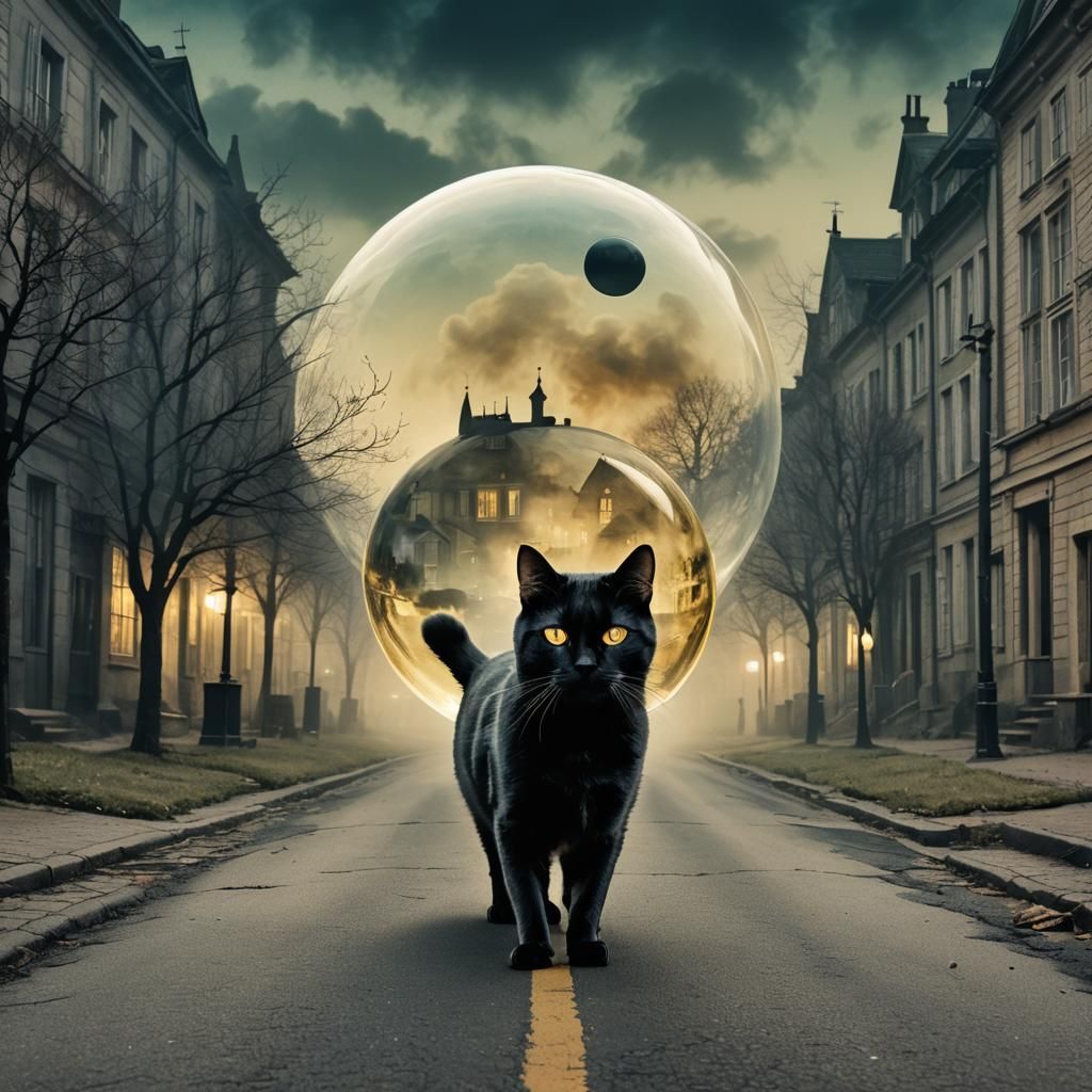 Black Cat Crossing Smoky Street in Moonlit Field