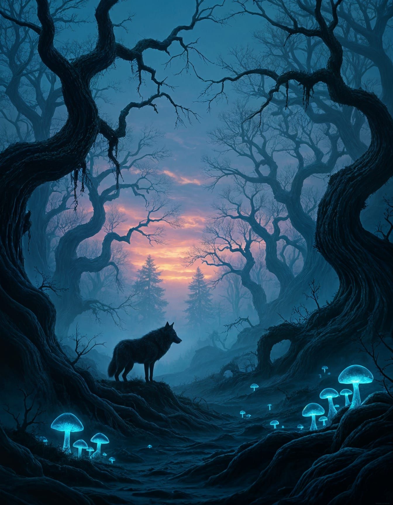 Lone Wolf in Misty Dark Fantasy Forest