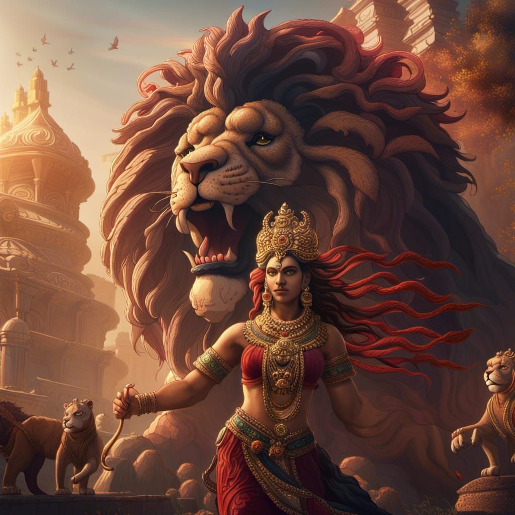 Goddess Durga on Lion: Detailed Matte Painting