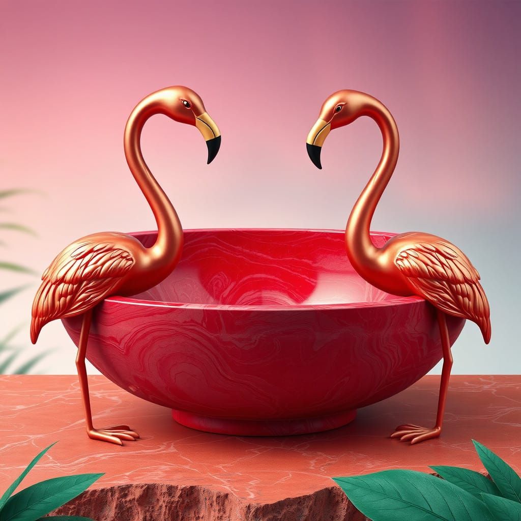 Mid Century Modern Bowl with Rose Gold Flamingos in Vibrant...