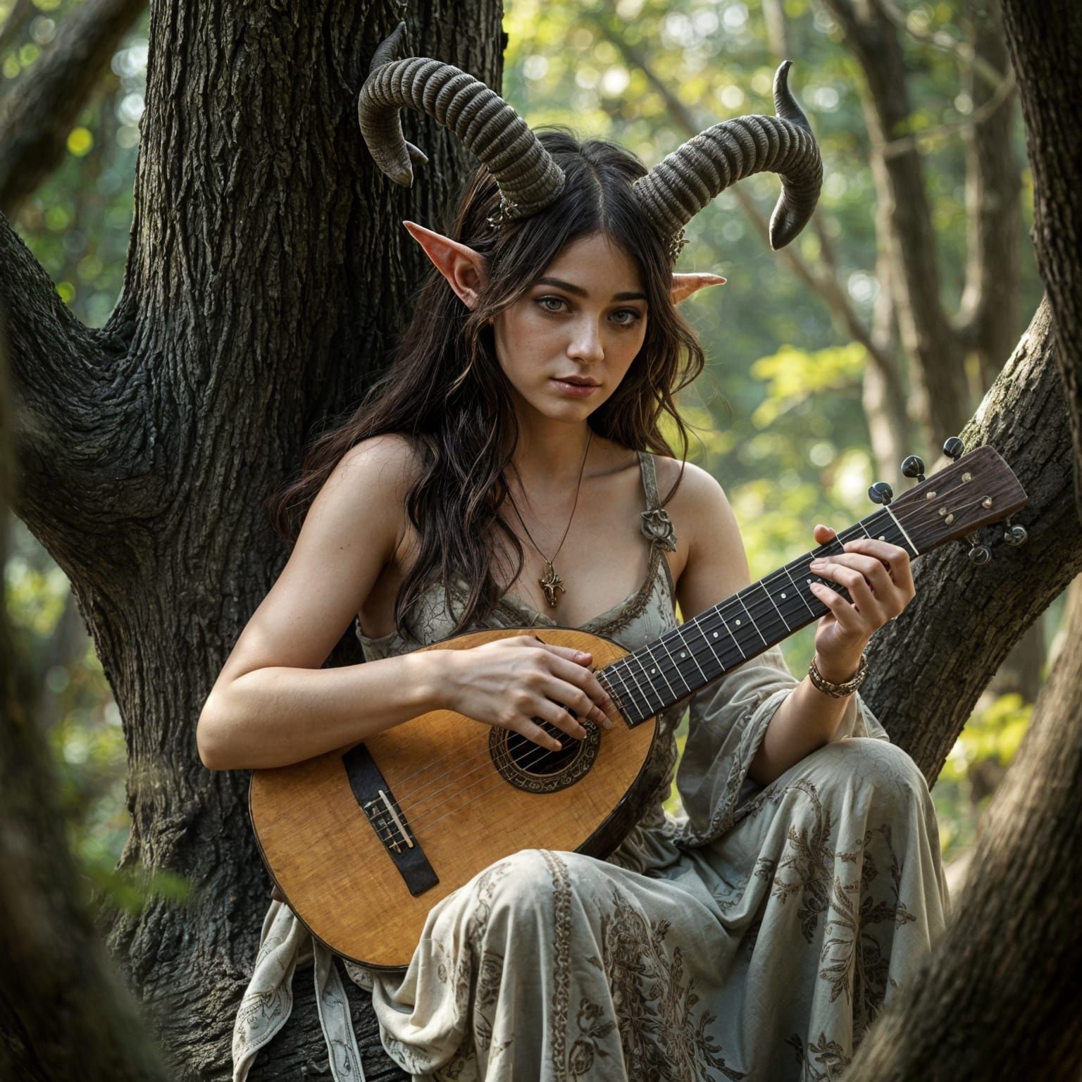 Beautiful Faun Woman Playing Lute in Detailed Forest