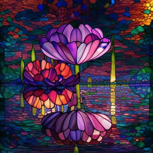Stained Glass Lotus Lake Landscape