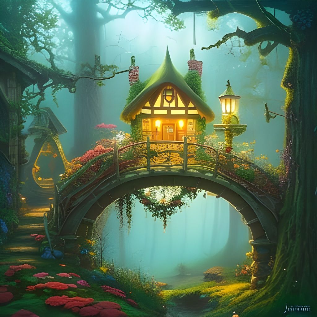 Fairytale Cottage on Floral Bridge in Forest