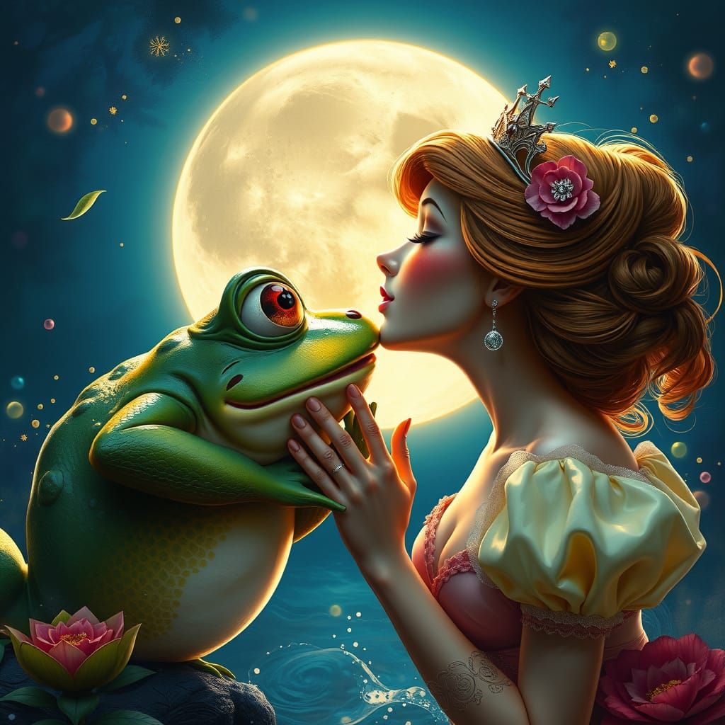 Frog and Princess Kissing in Splash Art Style