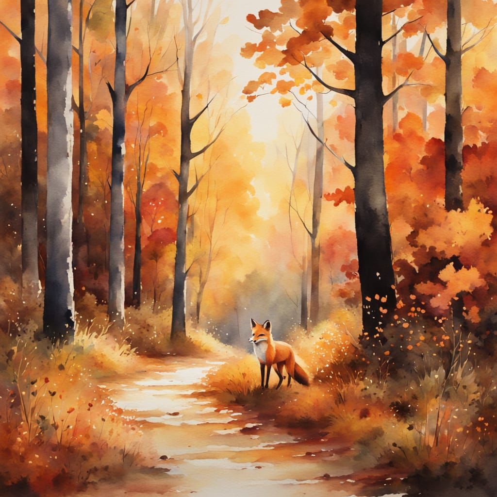 Fox Wanders in Fiery Autumn Forest: Watercolour Painting
