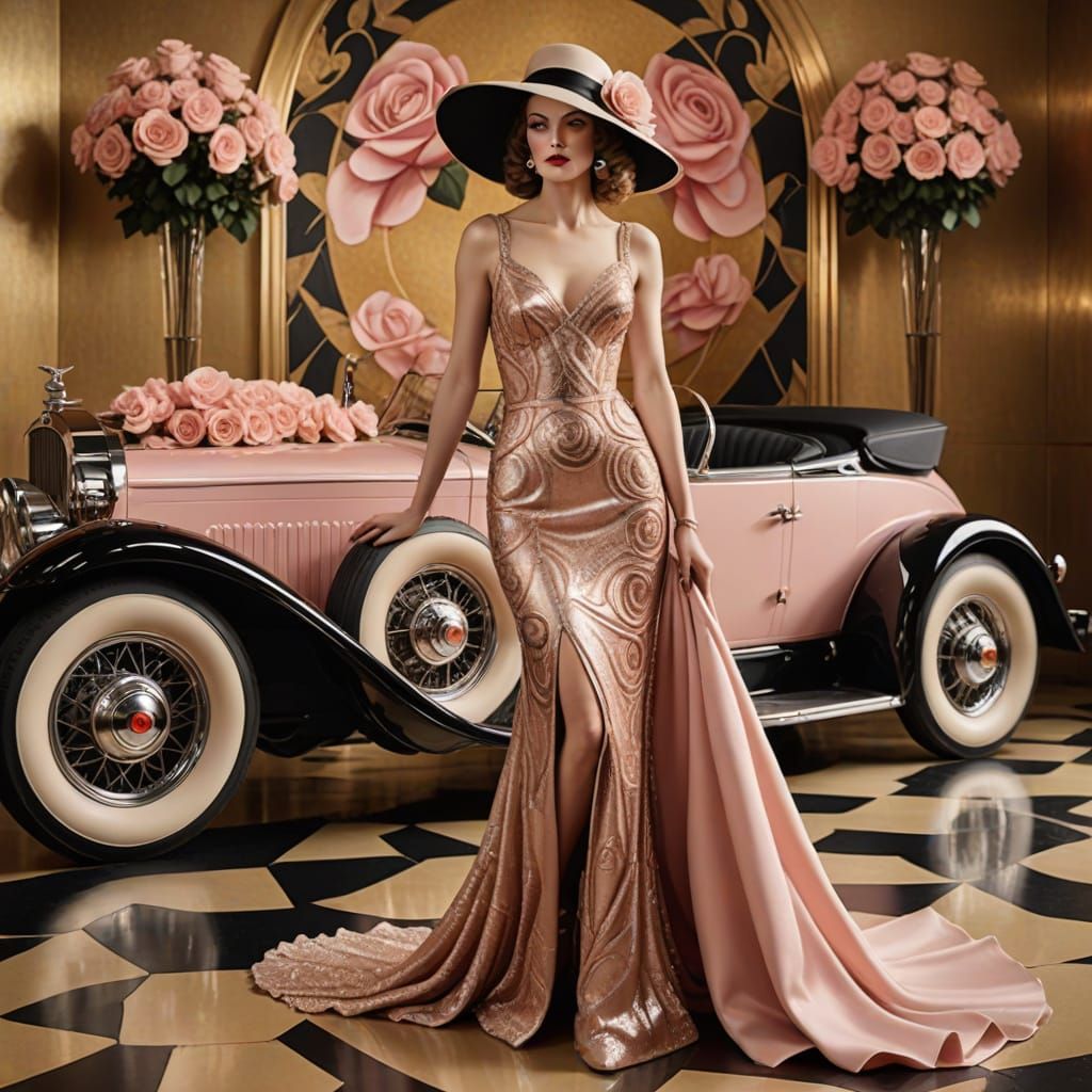 Stately Woman in Rose Attire, Walking Beside Art Deco Roadst...