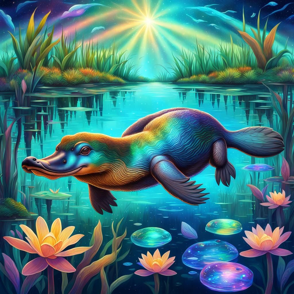 Happy Platypus in Wetlands: Astral Cosmic Illustration
