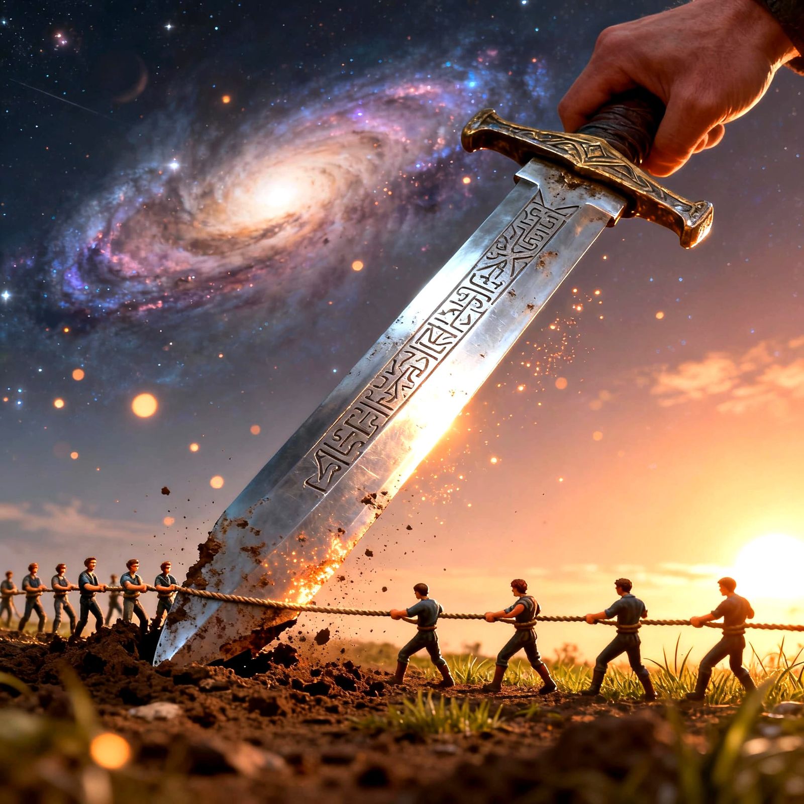 Tiny Figures Pull Giant Sword at Universe's End