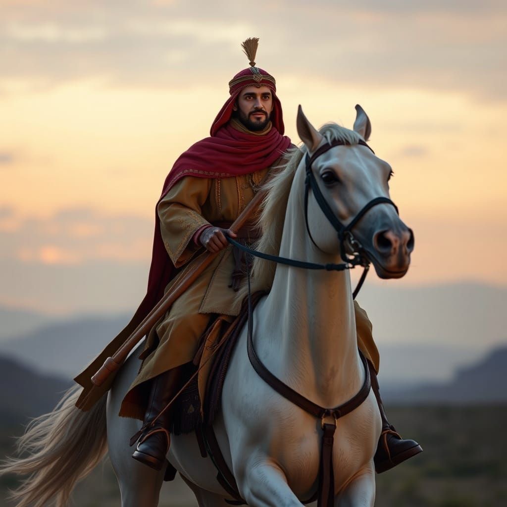 Arabian Warrior in Traditional Attire Rides a White Horse at...