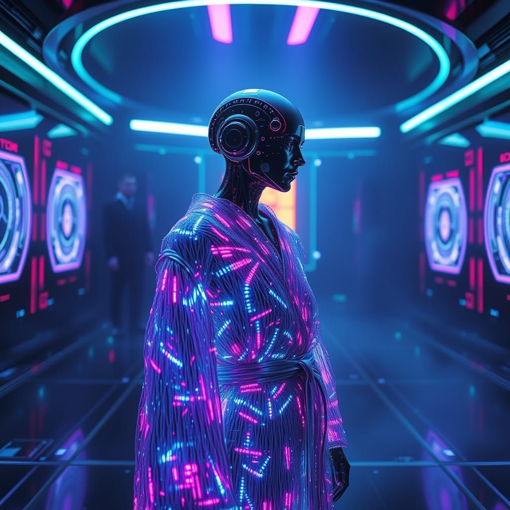 Sentient AI in Neon Chamber, Data Streams and Holograms