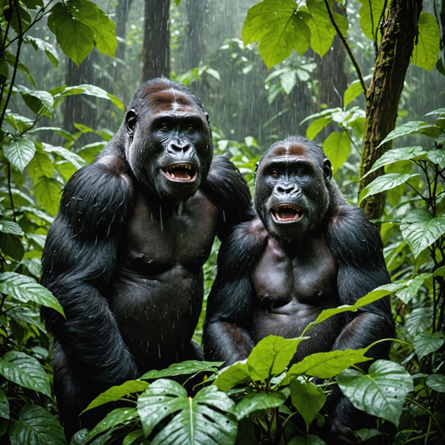 Laughing Gorillas Sheltered from the Rain