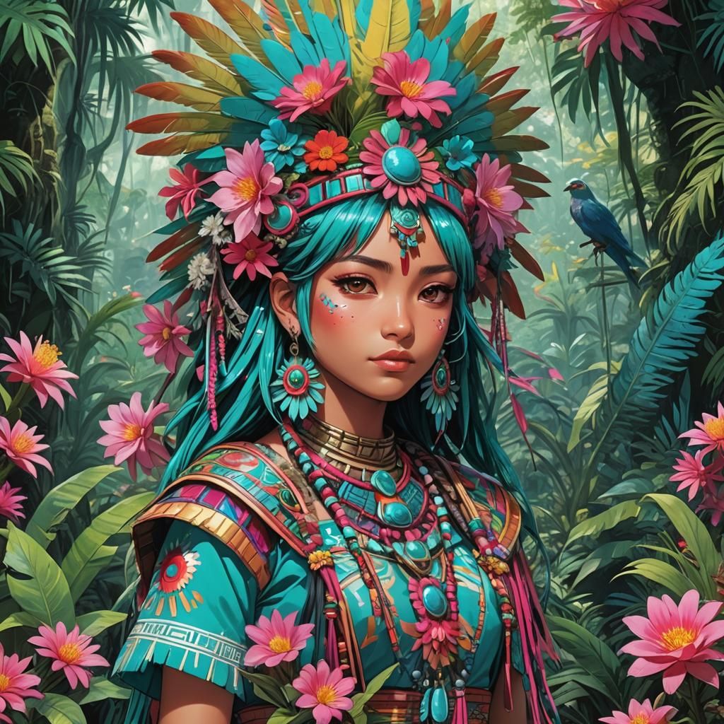 Aztec Girl in Jungle, Vibrant Anime Style