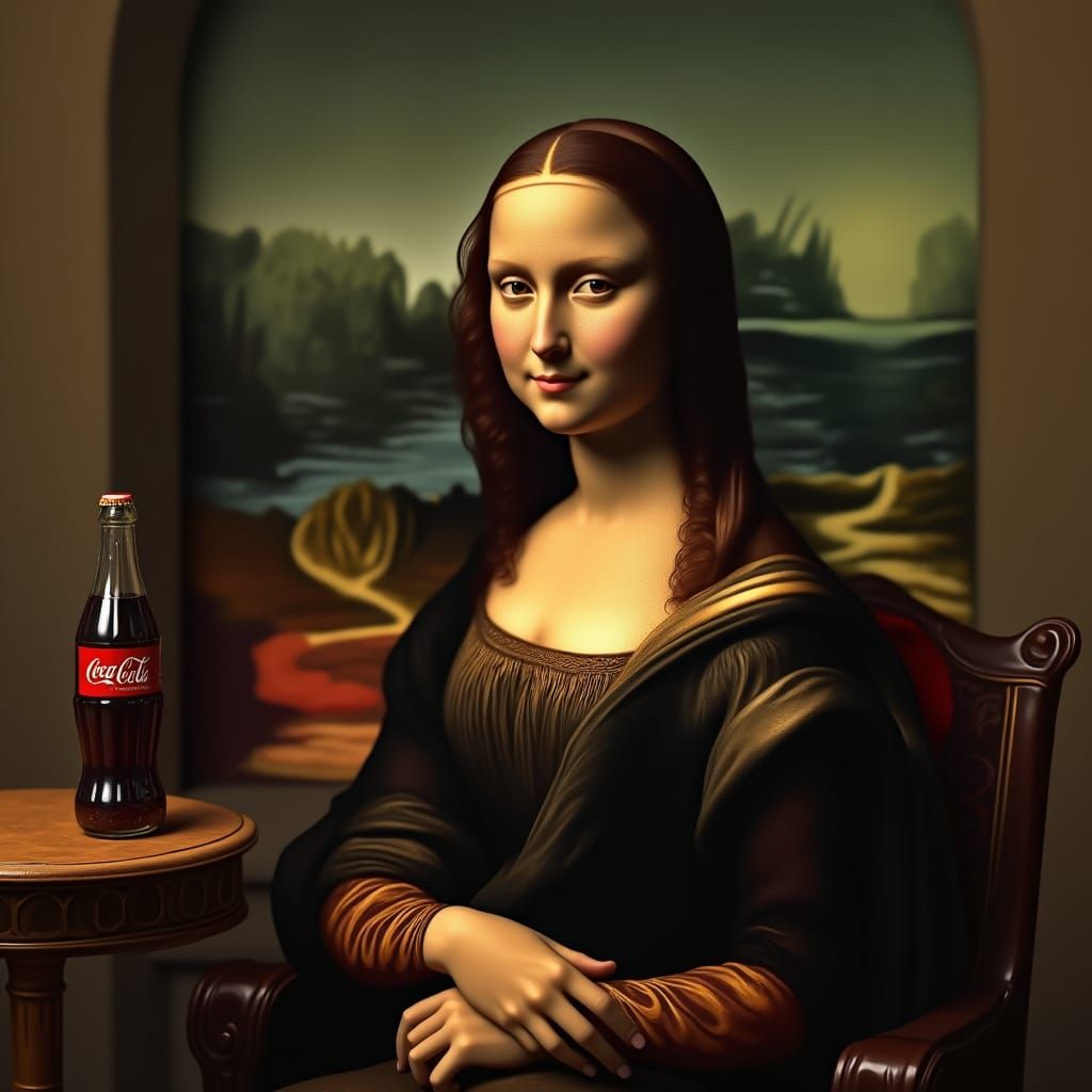 The Mona Lisa Enjoys a Glass of Coca-Cola in a Refined Atmos...