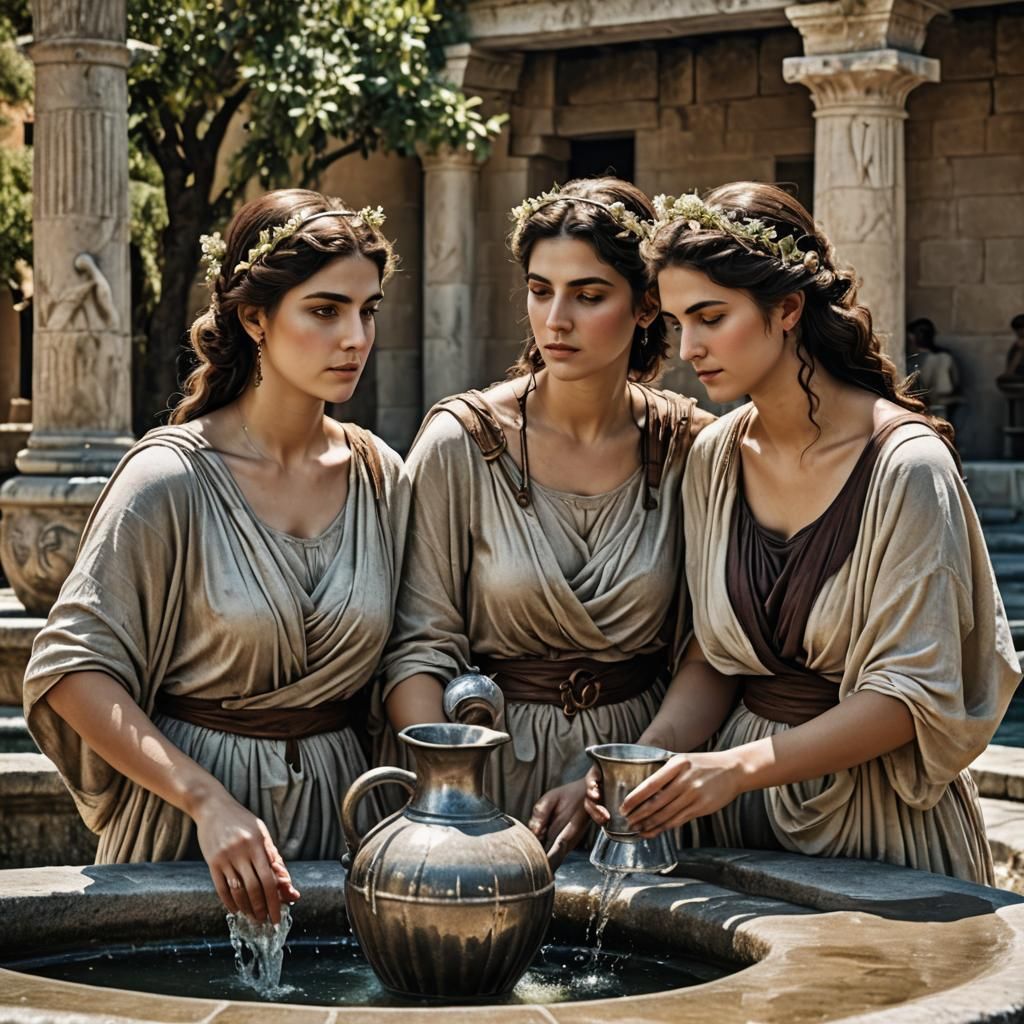 Ancient Greek Women at Fountain in Pre-Raphaelite Style