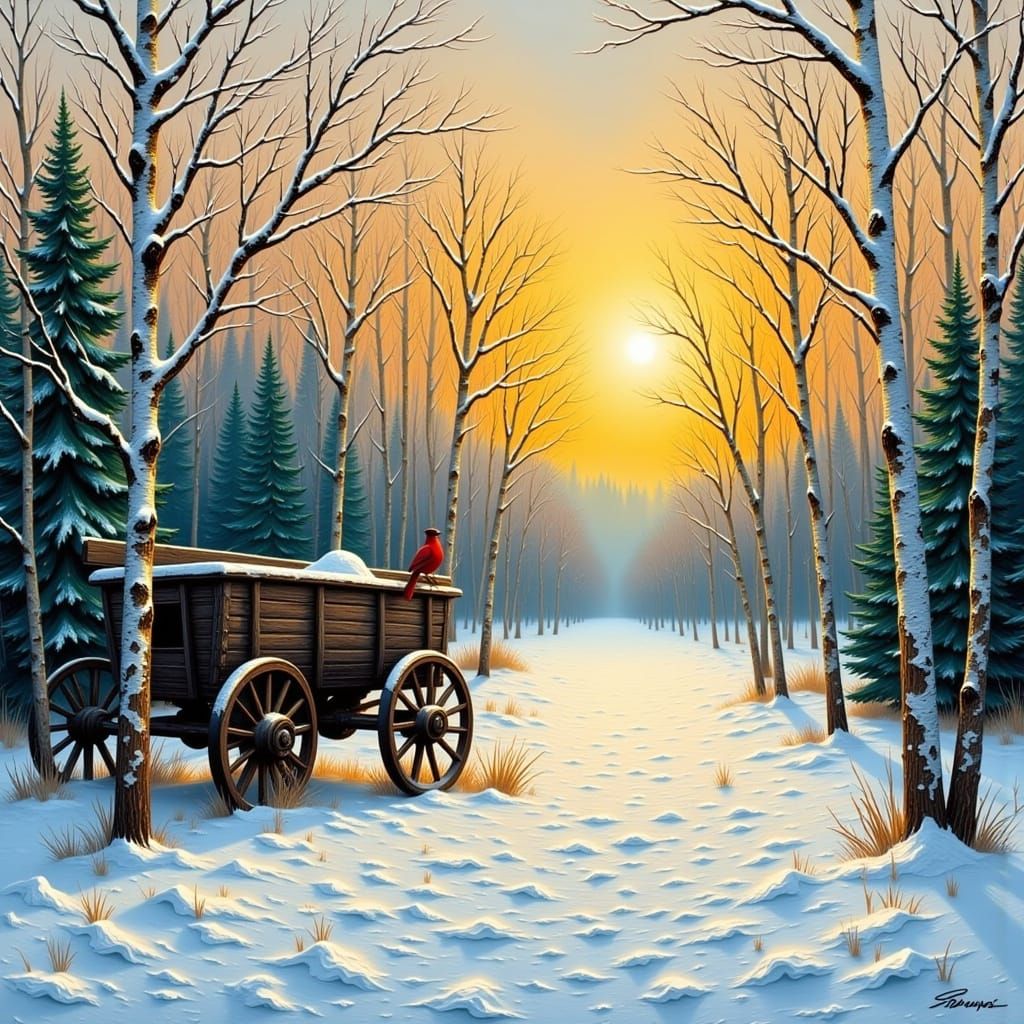 Winter Landscape with Red Bird in Impasto Style