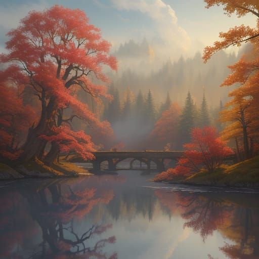 Crimson and Gold Autumn Lake in Ethereal Fantasy Style