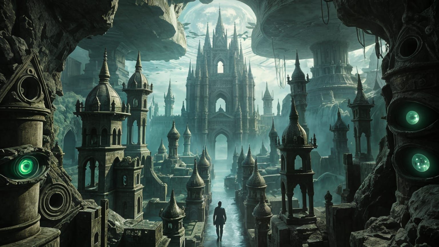 Surreal Trompe-l'œil Green Eyes in Eerie World