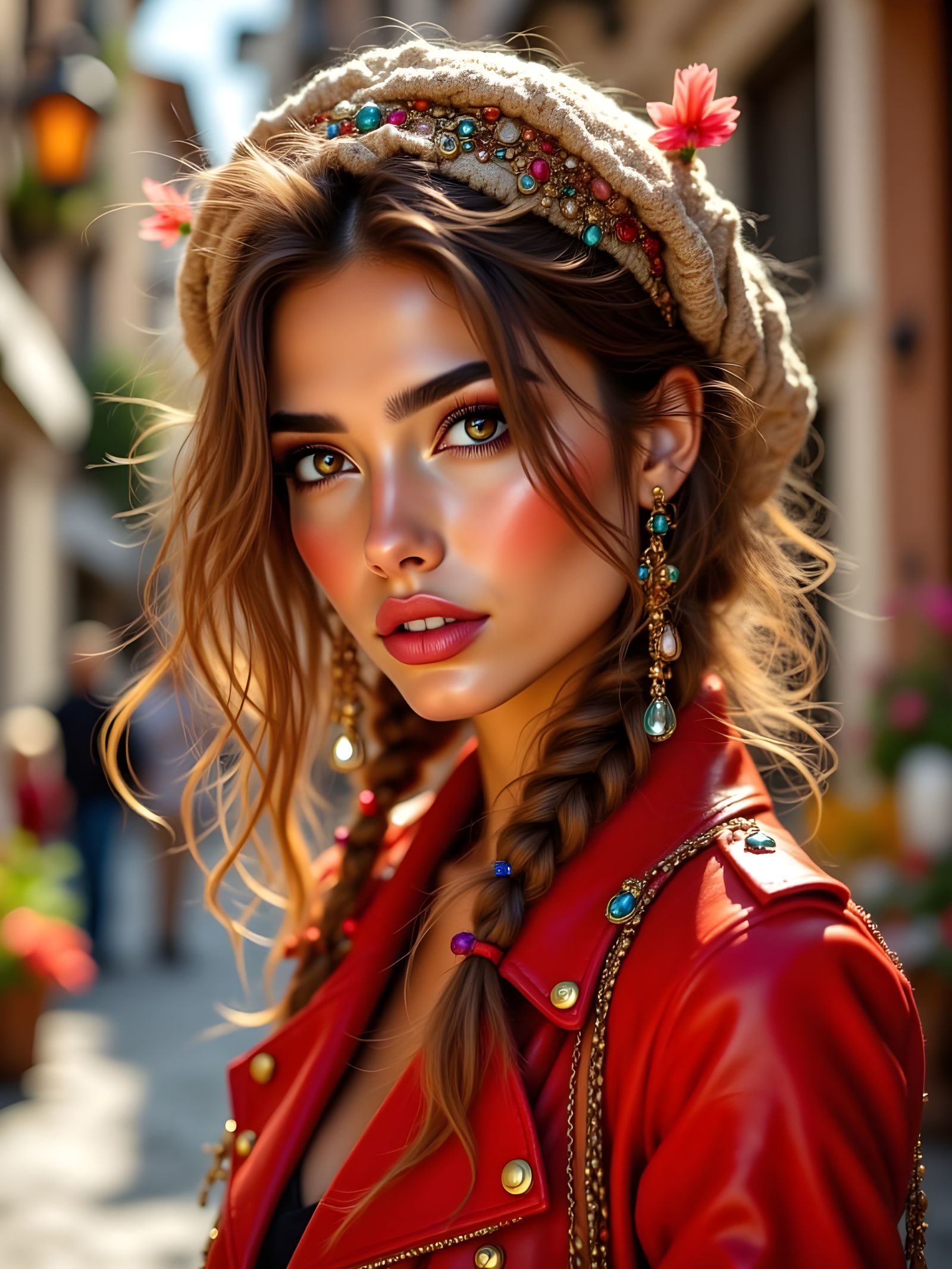 Hyperrealistic Portrait of a Mysterious Young Woman in a Red...