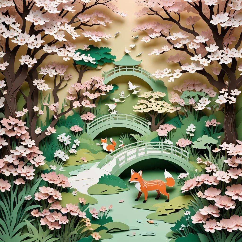 Japanese Garden Kirigami Paper Art with Animals