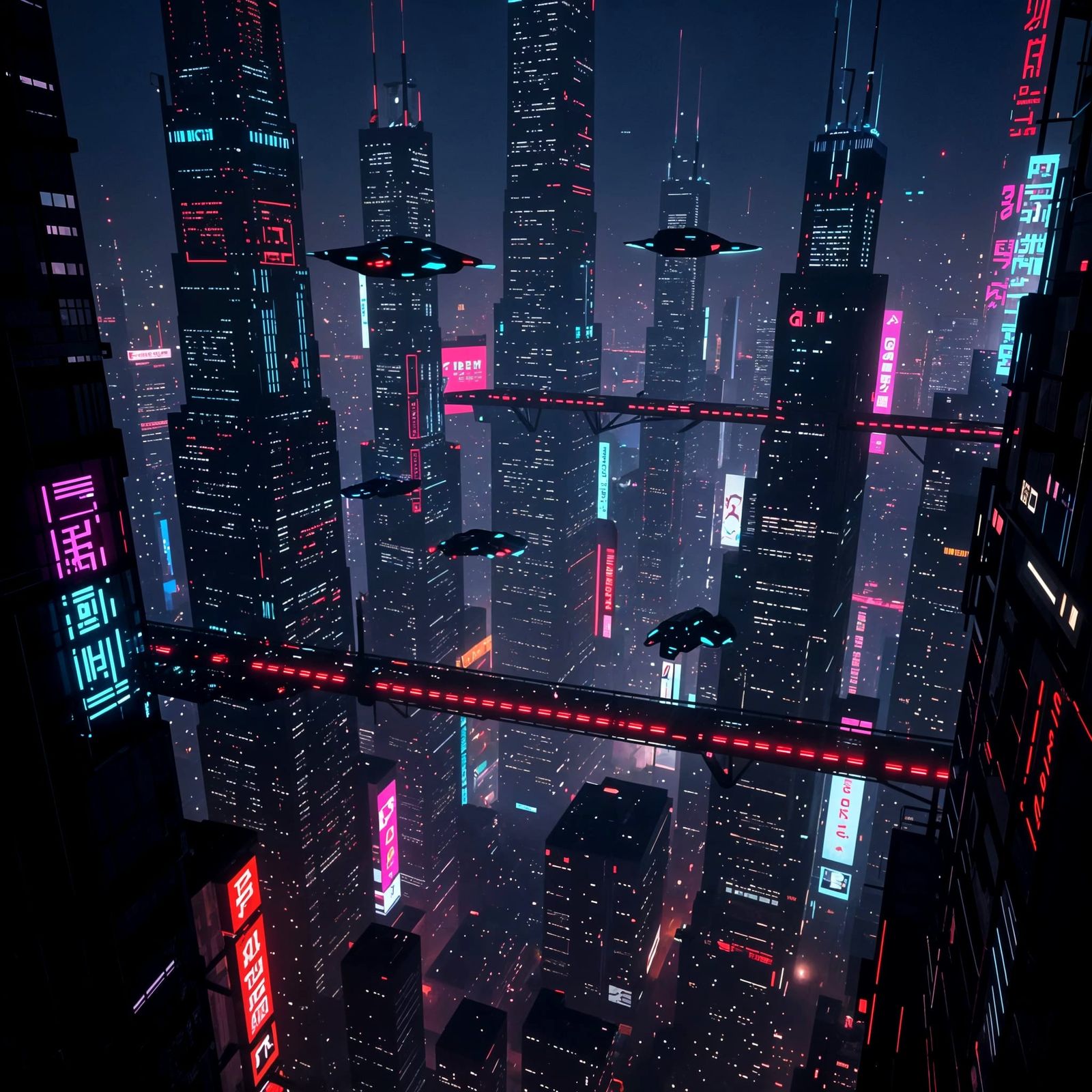 Futuristic Cityscape at Night with Glowing Sky-Bridges