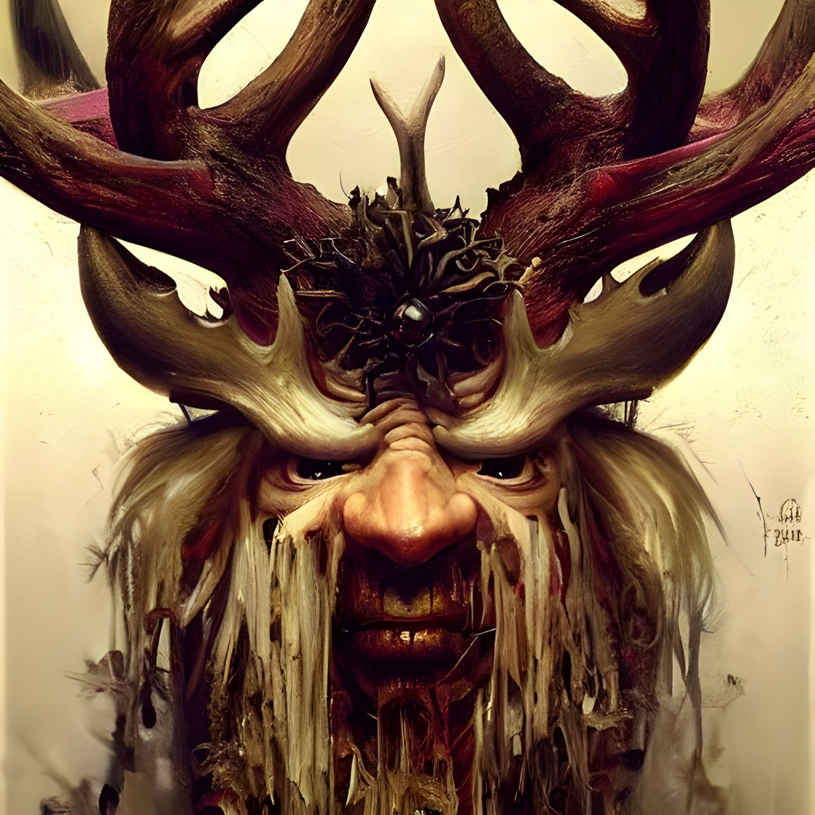 Sinister Stag-Human Hybrid in Baroque Art Nouveau Style