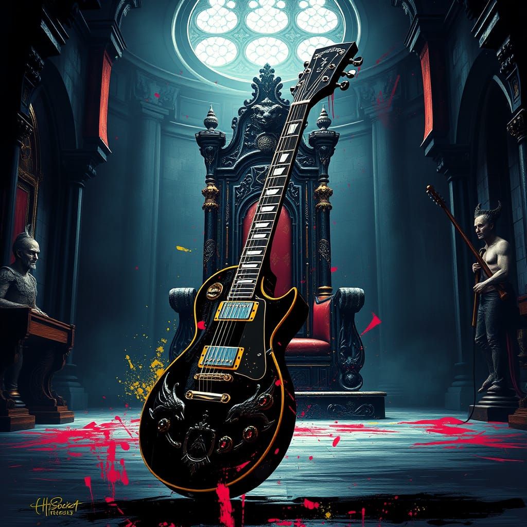 Les Paul Guitar in Baroque Castle: Splash Art Style