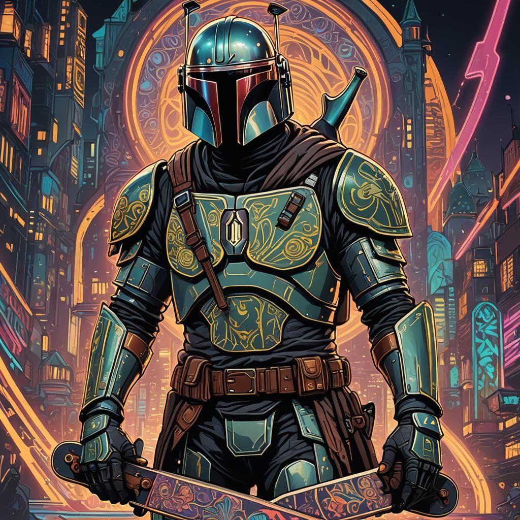 Mandalorian Skateboarder in Art Nouveau Style