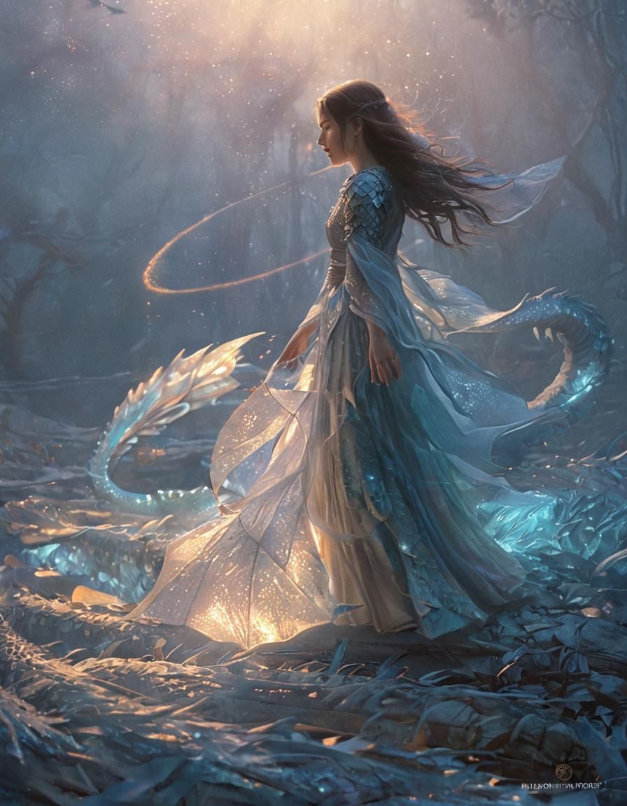Girl Summons Dragon Spirit in Ethereal Fantasy Art
