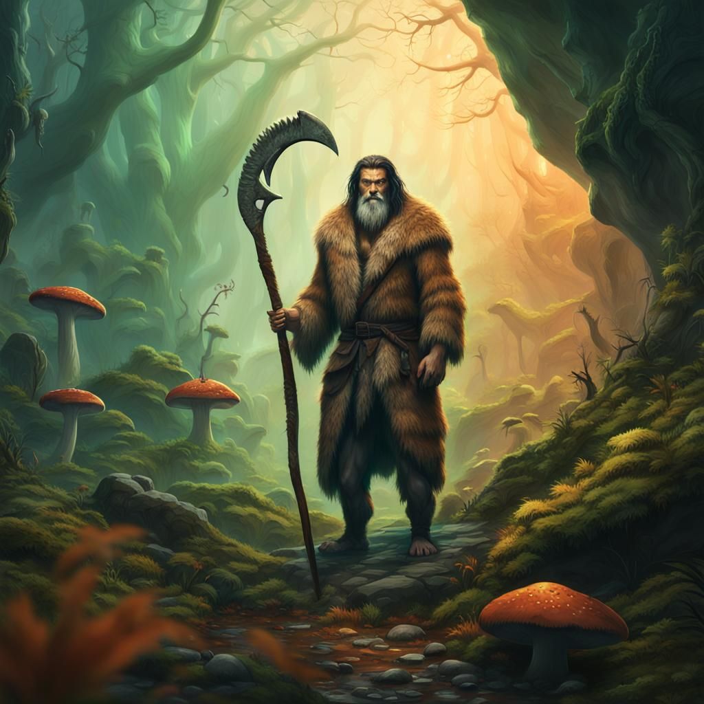 Caveman Grim Reaper in Prehistoric Forest