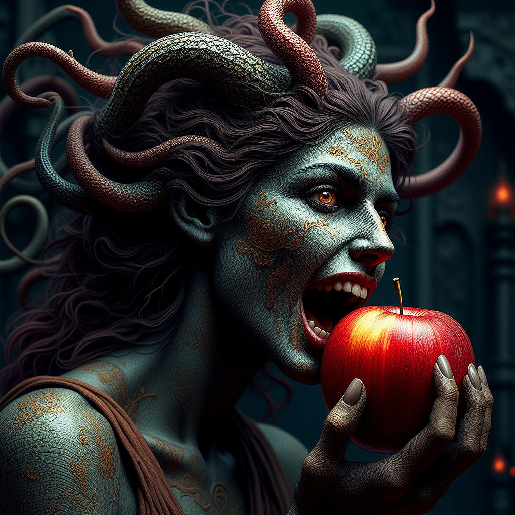 Medusa Devouring Apple in Fantasy Concept Art Style