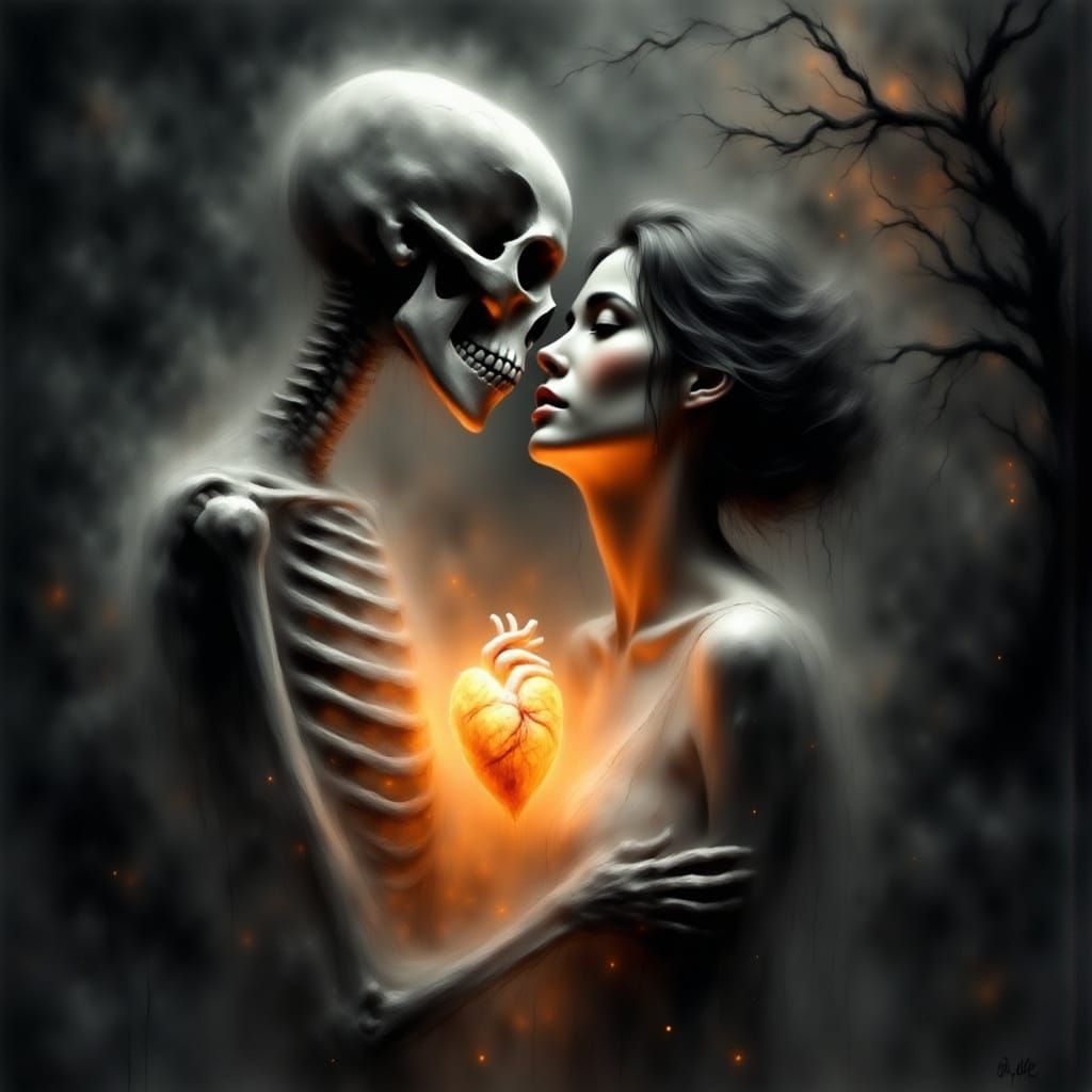 Surreal Skeleton Offers Glowing Heart to Woman