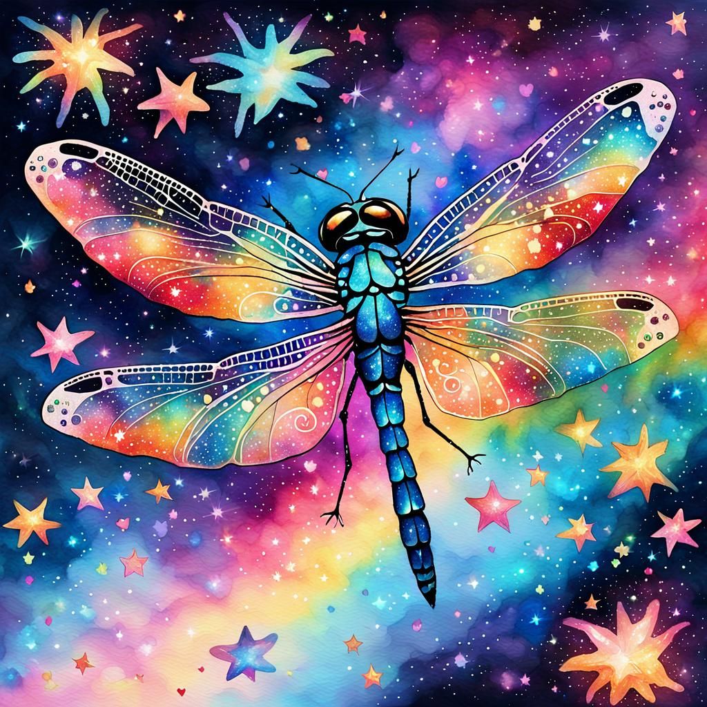 Sparkling Dragonfly in Galactic Nebula Watercolor