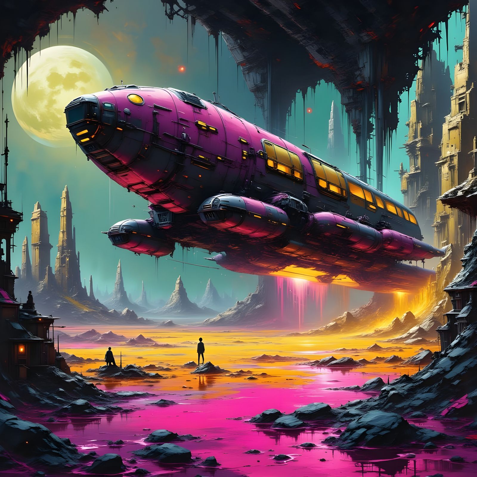 Retro-Futuristic Rocket Bus Launches from Alien Planet