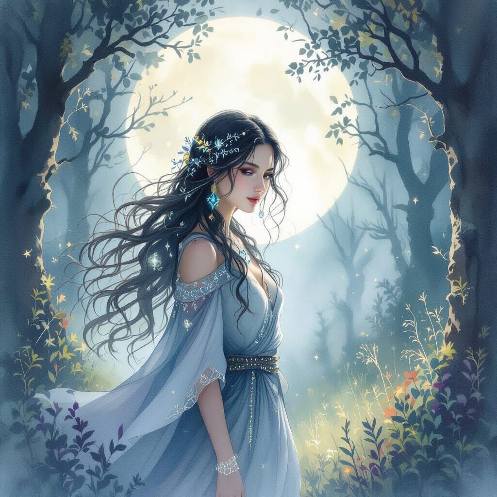 Mystical Woman in Moonlit Forest Watercolor Painting