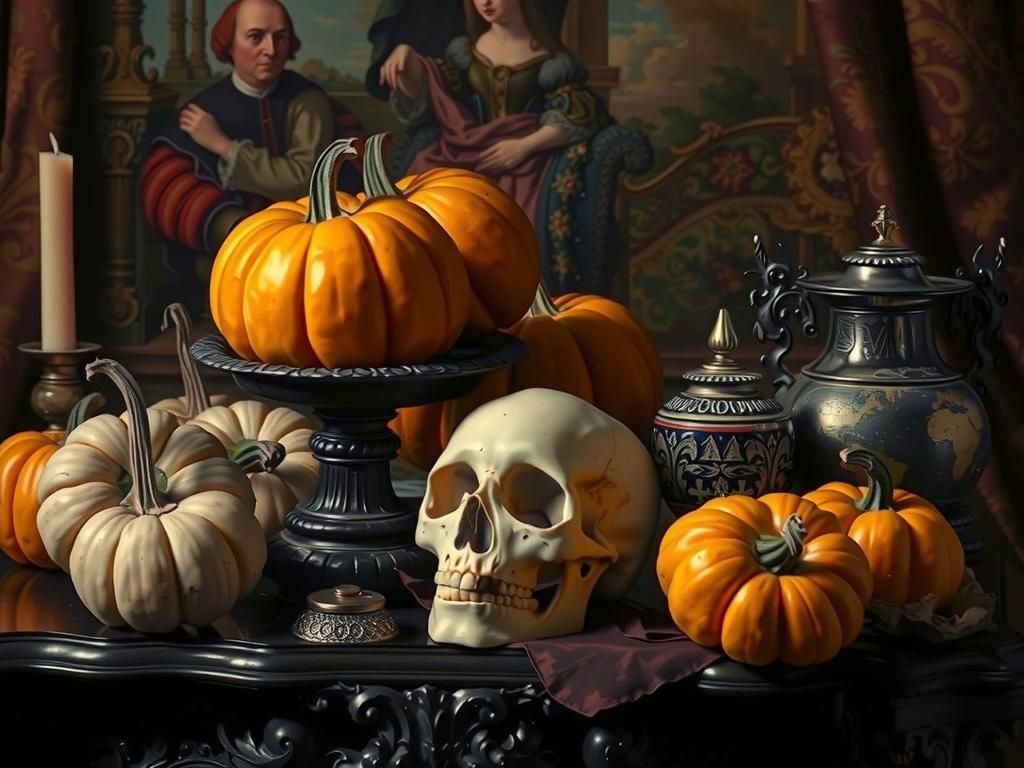 Vanitas Still Life with Pumpkins and Skull