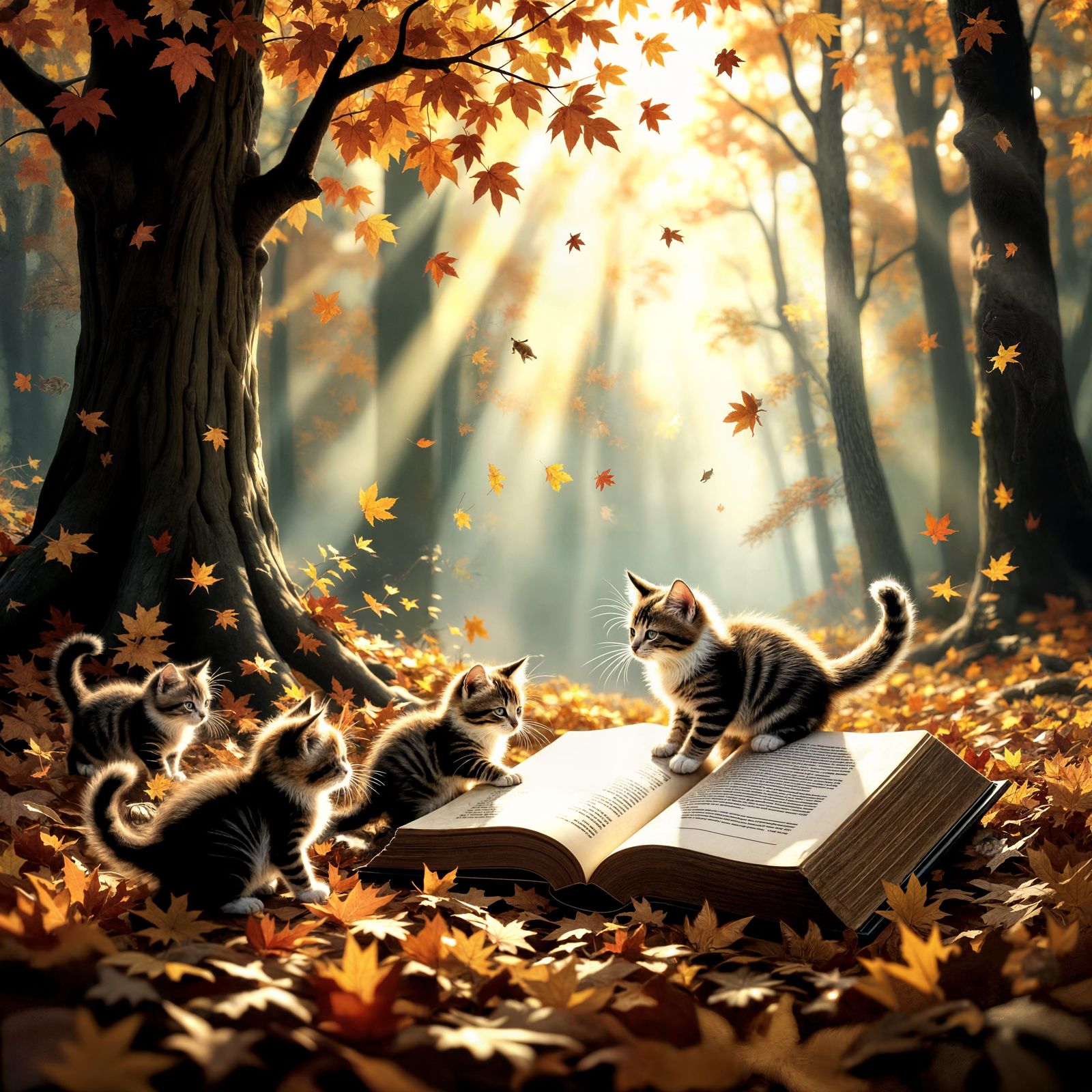 Kittens in Autumn Forest with Ethereal Glow