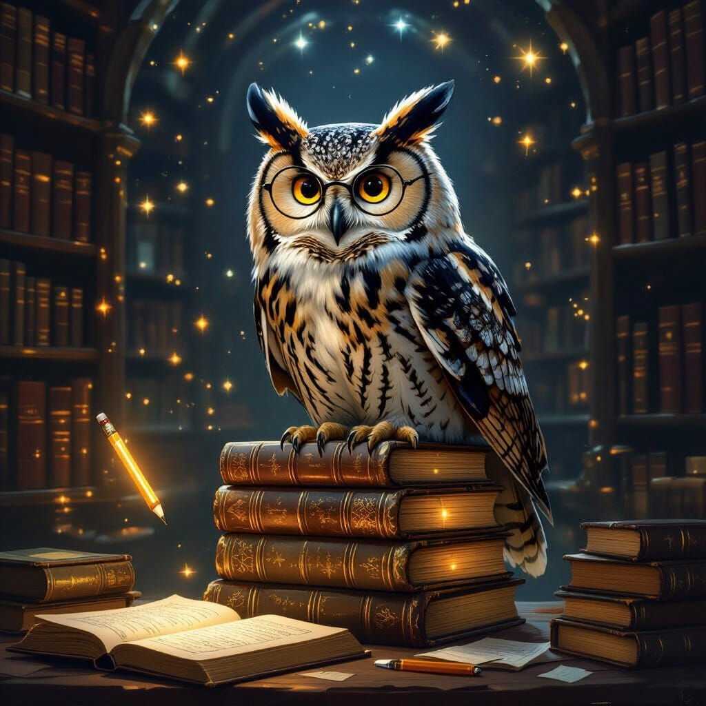 Wise Owl Scholar With Glowing Books in Ethereal Library