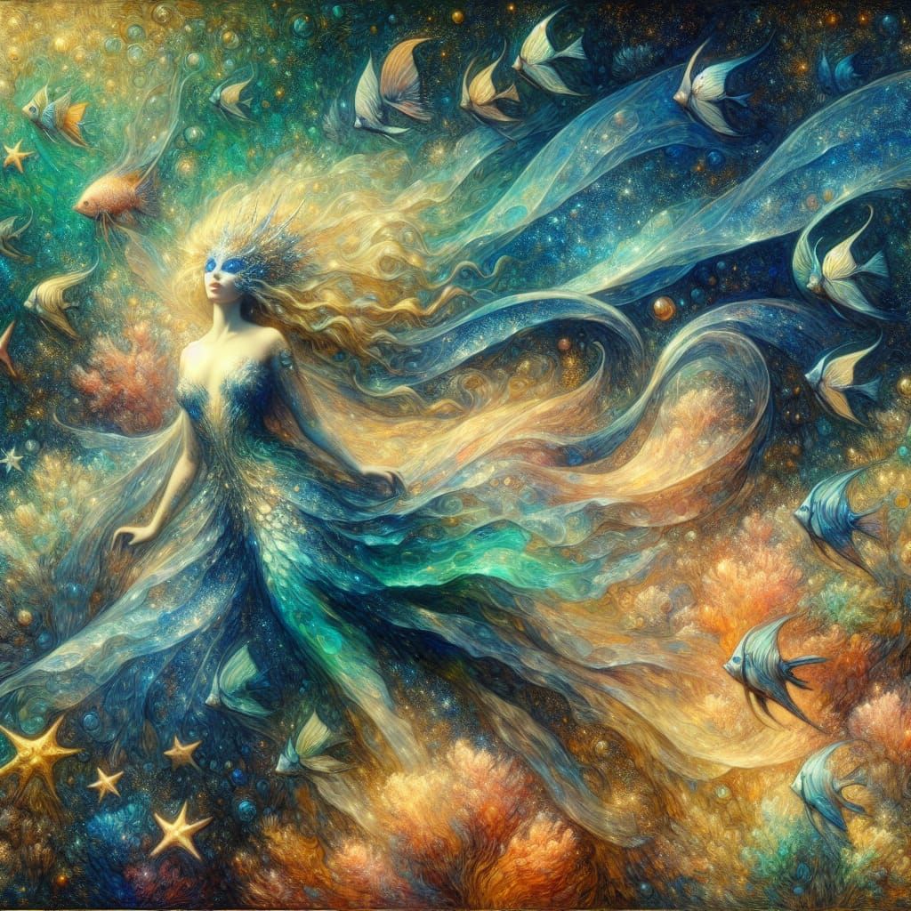 Celestial Fairy Dancing Through Coral Reef, Art Nouveau Styl...