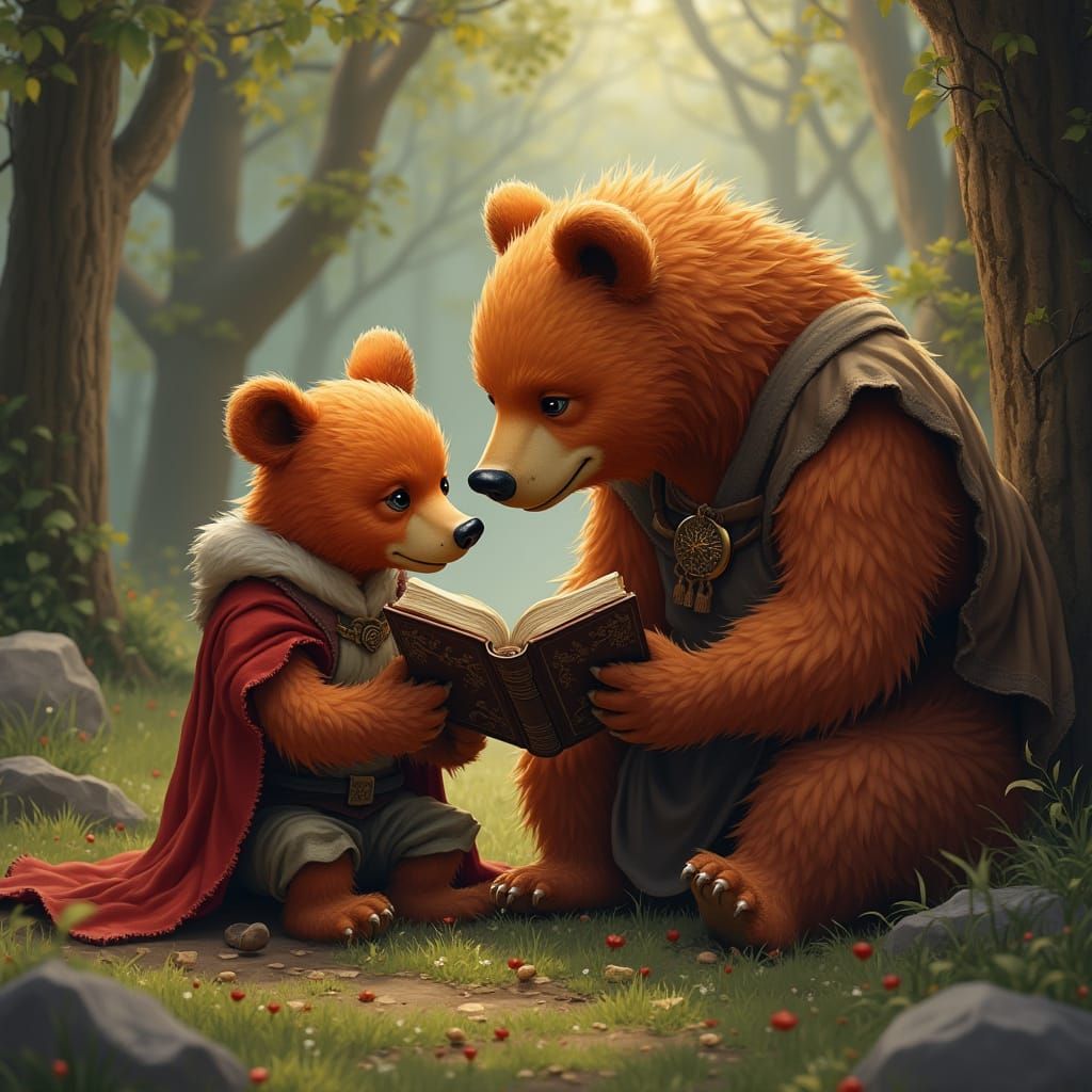 Mystical Bear Cub and Noble Mage Boy in Whimsical Bible Stud...