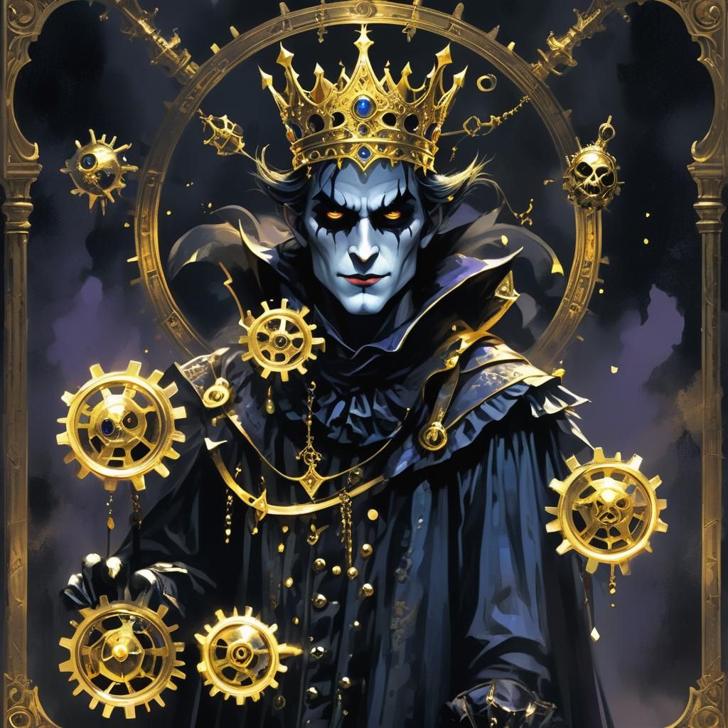 In gothic twilight,
Masquerade of shades,
Jester, manic in his gleam