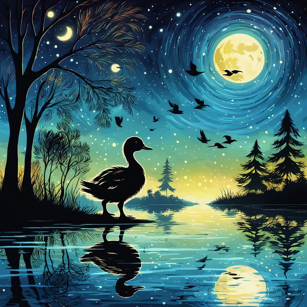 Duckling's Moonlit Dance: Expressionist Folk Art