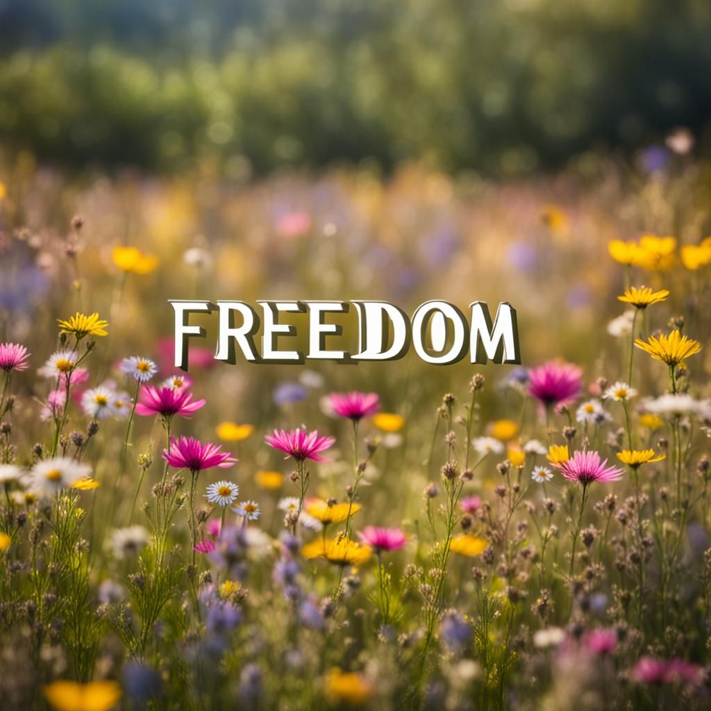 field of wildflowers with the word freedom
